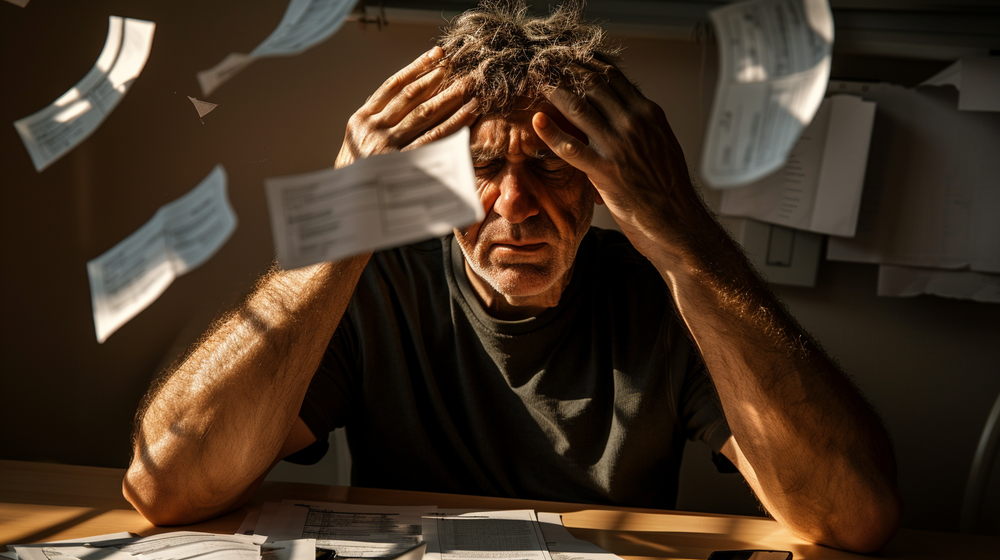 과부하로 머리를 감싸쥐고 있는 사람과 빛이 들어오는 창문