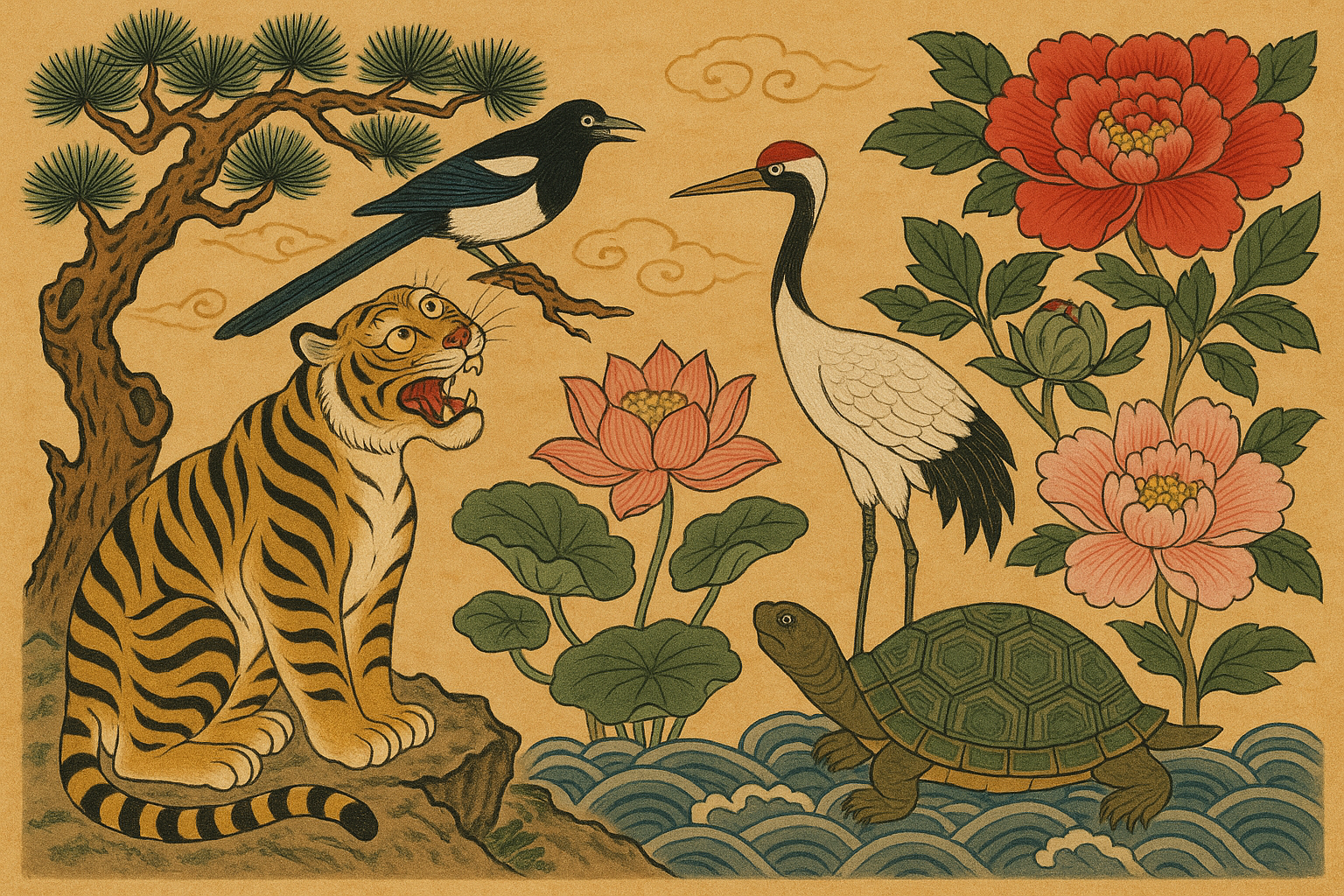 전통 민화 스타일로 그린 호랑이와 까치, 학과 거북, 모란과 연꽃이 어우러진 그림