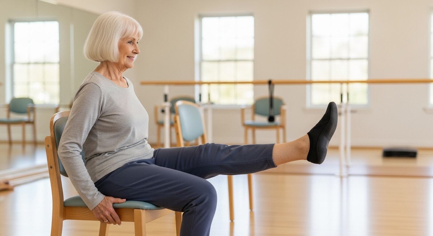 시니어가 의자에 앉아 한쪽 다리를 앞으로 쭉 펴는 무릎 강화 핵심 운동 강조
