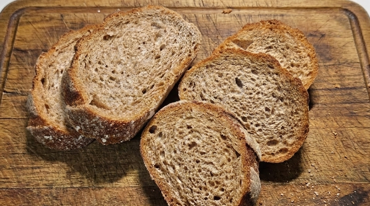 먹기 좋은 크기로 잘라져 있는 통밀 빵.