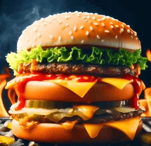 커다란 빅맥버거로 안에는 치즈와 상추와 소고기가 들어있고 뒷배경엔 불타는 불길이 있다.