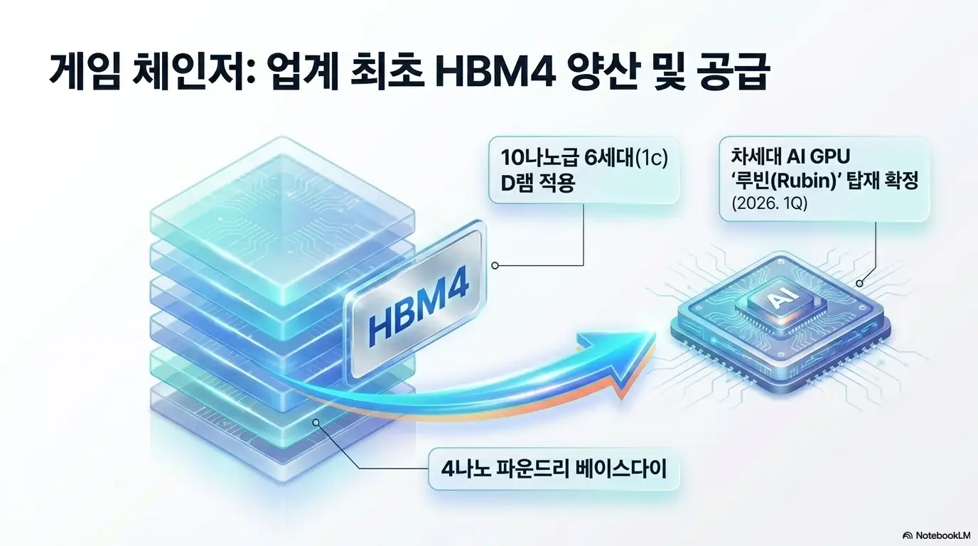 삼성전자 주가 전망: 삼성전자가 업계 최초로 양산한 HBM4가 10나노급 6세대 D램과 4나노 파운드리 베이스다이를 적용해 차세대 AI GPU 루빈에 탑재 확정된 구조를 적층 칩과 화살표로 보여주는 이미지. HBM4가 삼성전자 주가의 게임 체인저임을 시각적으로 전달하며&amp;#44; 삼성전자 HBM4와 엔비디아 공급 주제를 설명함 