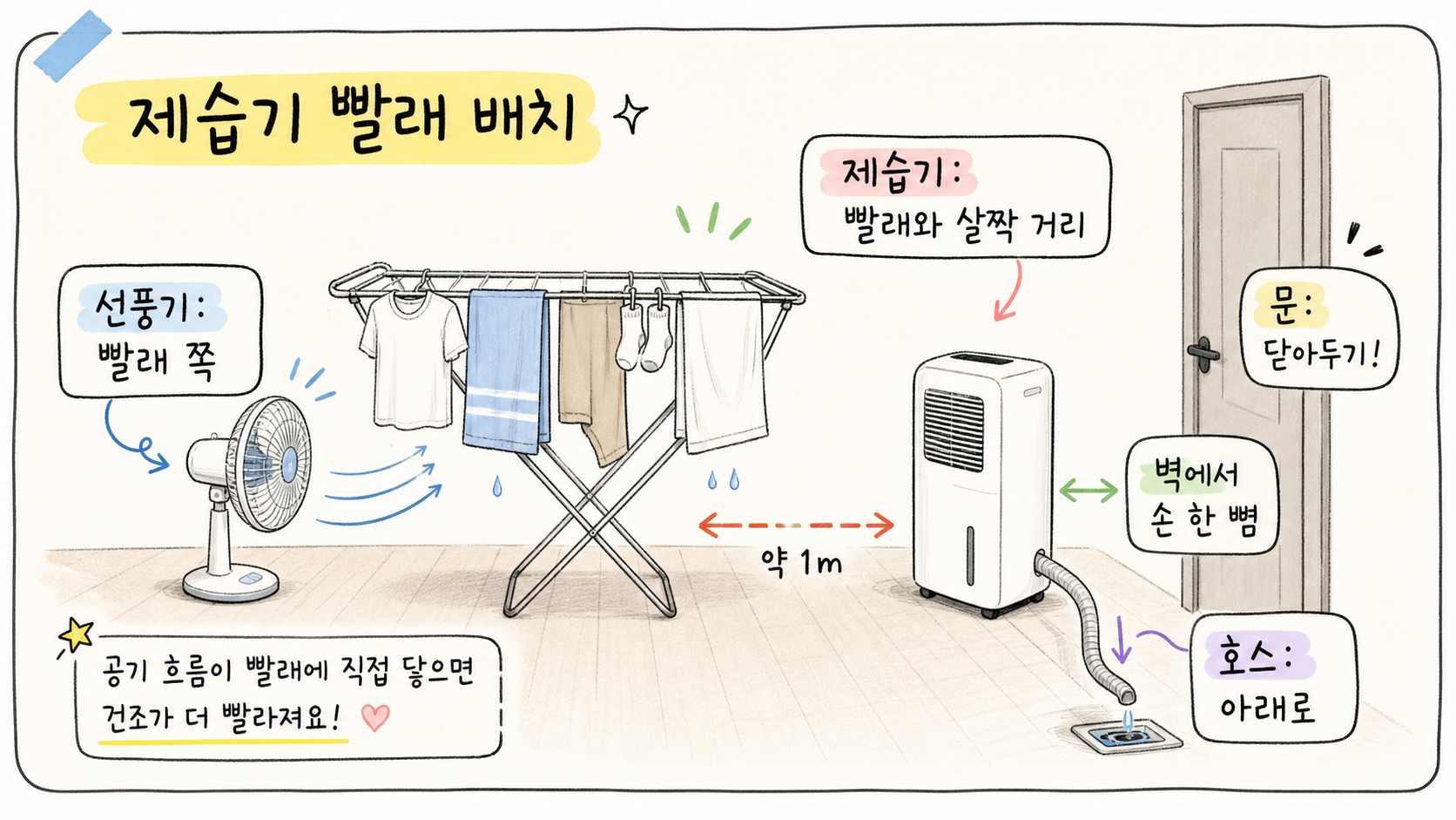 제습기와 선풍기, 빨래 건조대의 배치 기준을 보여주는 손글씨 카드