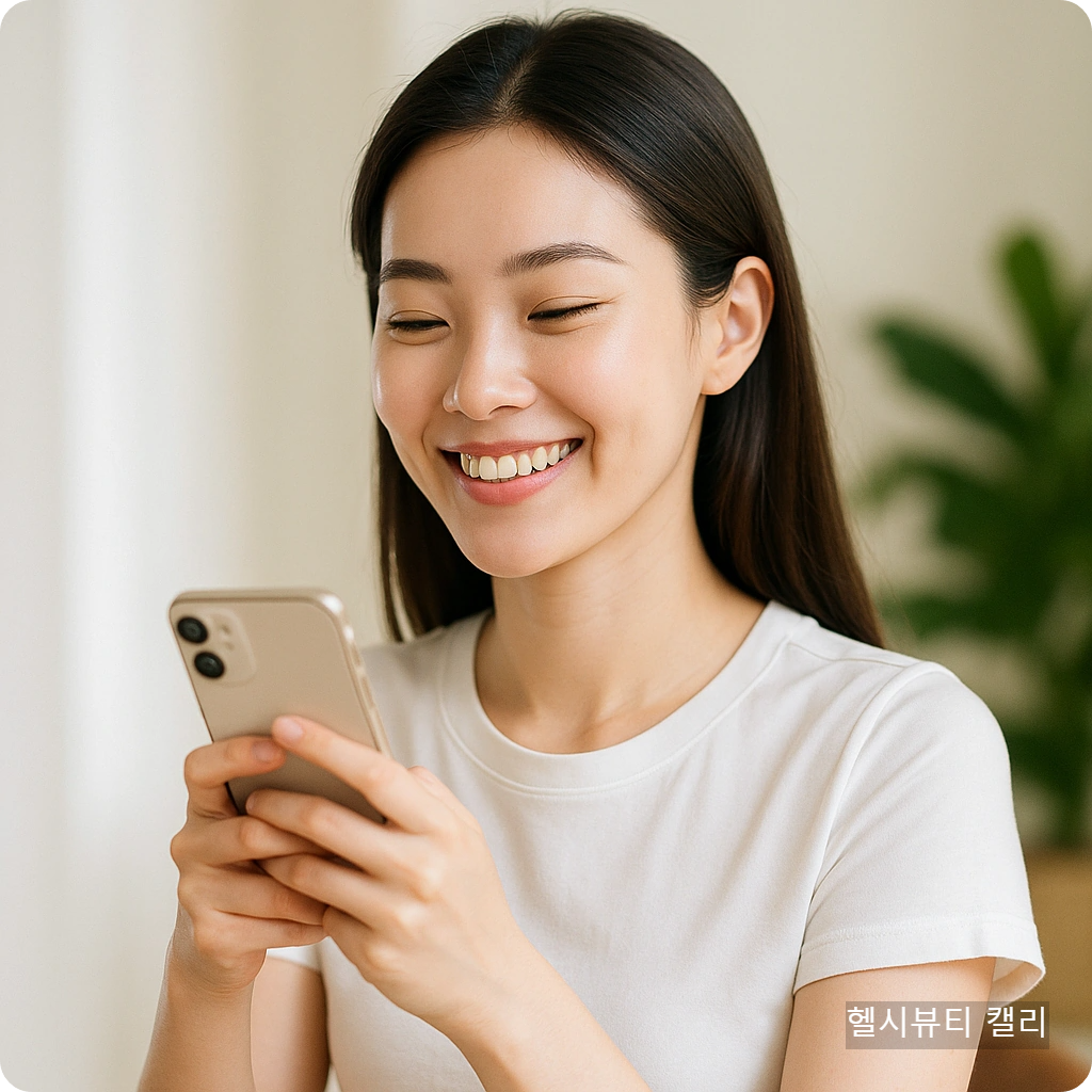 코가 오똑하고 하얀 피부의 20대 강남 여성이 밝게 웃으며 허리를 곧게 펴고 스마트폰을 사용하는 프리미엄 썸네일 이미지. 자연광과 부드러운 배경이 어우러진 건강하고 세련된 분위기.