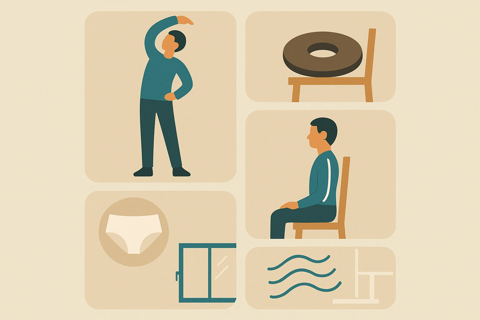 생활 실천법, 1시간마다 일어서기(스트레칭하는 사람), 도넛형 방석 사용(의자 위 방석), 척추 정렬 유지(바르게 앉은 자세), 면 속옷 착용 아이콘, 통풍·환기