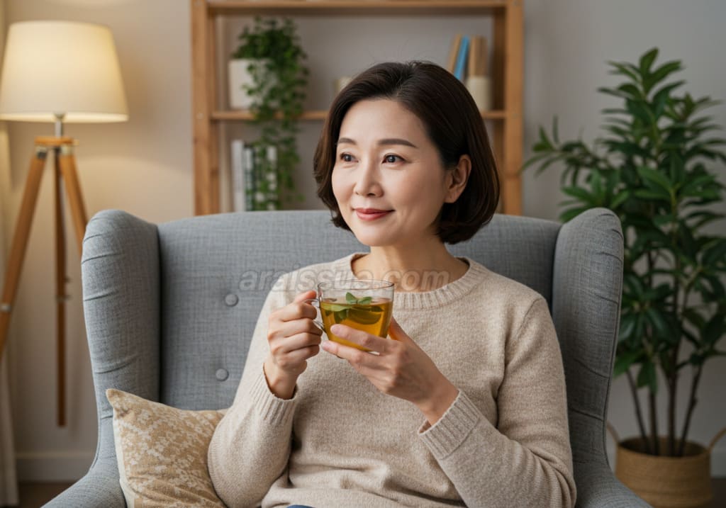 세이지 차를 마시며 갱년기 증상을 완화하는 한국 중년 여성. 편안한 분위기에서 기분을 진정시키는 모습입니다.