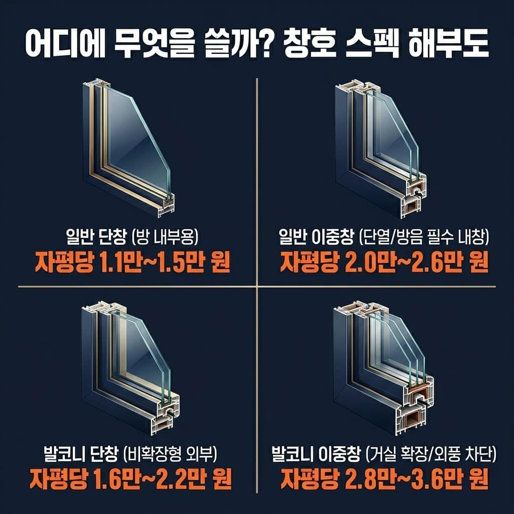 어디에 무엇을 쓸까? 창호 스펙 해부도. 방 내부용 일반 단창, 단열/방음 필수 내창용 일반 이중창, 비확장형 외부용 발코니 단창, 거실 확장/외풍 차단용 발코니 이중창의 단면 구조와 자평당 대략적인 단가 안내.