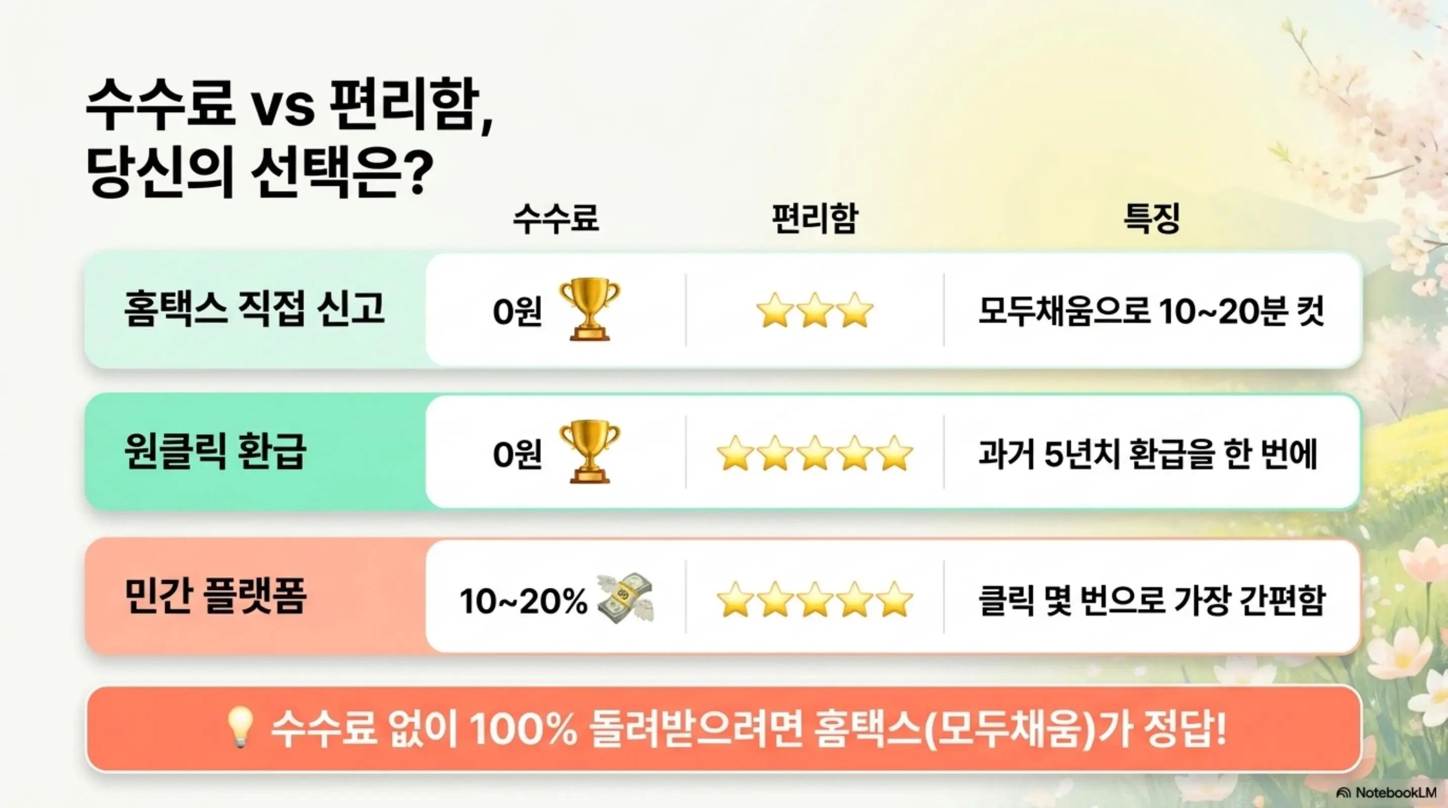 프피랜서 3.3% 환급: 홈택스(수수료 0원)&amp;#44; 원클릭 환급(수수료 0원)&amp;#44; 민간 플랫폼(수수료 10~20%)의 수수료와 편리함을 비교한 인포그래픽 이미지. 이 이미지는 수수료 없이 환급 전액을 받으려면 홈택스 모두채움이 최선임을 시각적으로 전달하며&amp;#44; 블로그의 종소세 환급 수수료 비교와 관련된 내용을 설명함