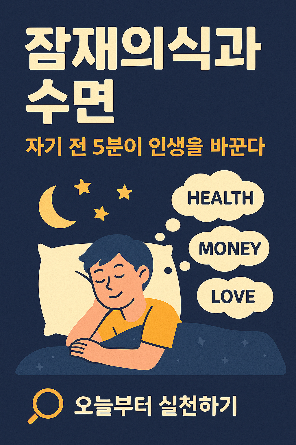 자기 전 5분 잠재의식 활용법을 설명하는 디지털 그래픽 이미지