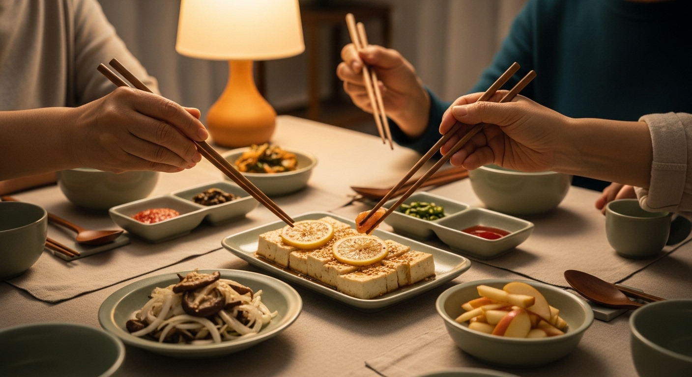 도마 위에 양파와 표고버섯, 마늘과 레몬을 준비하는 장면, 한국 가정의 깔끔한 주방