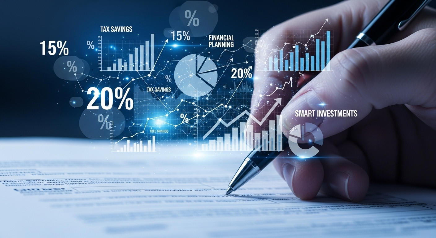 세금계산서와 절세 퍼센트가 보이는 추상적인 이미지, IRP 세액공제로 세금을 줄이는 과정을 상징