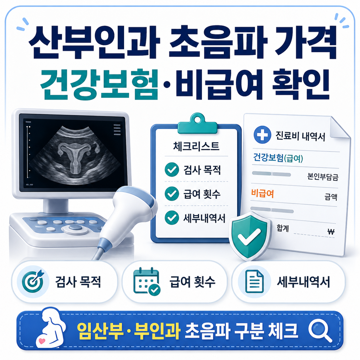 산부인과 초음파 가격과 건강보험 적용, 비급여 비용, 실비 청구서류를 확인하는 카드형 대표 이미지