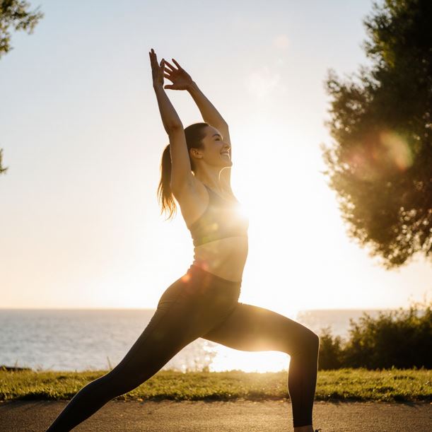 아침 해변가에서 아침 햇살을 받으며 요가나 스트레칭을 하는 사람의 모습