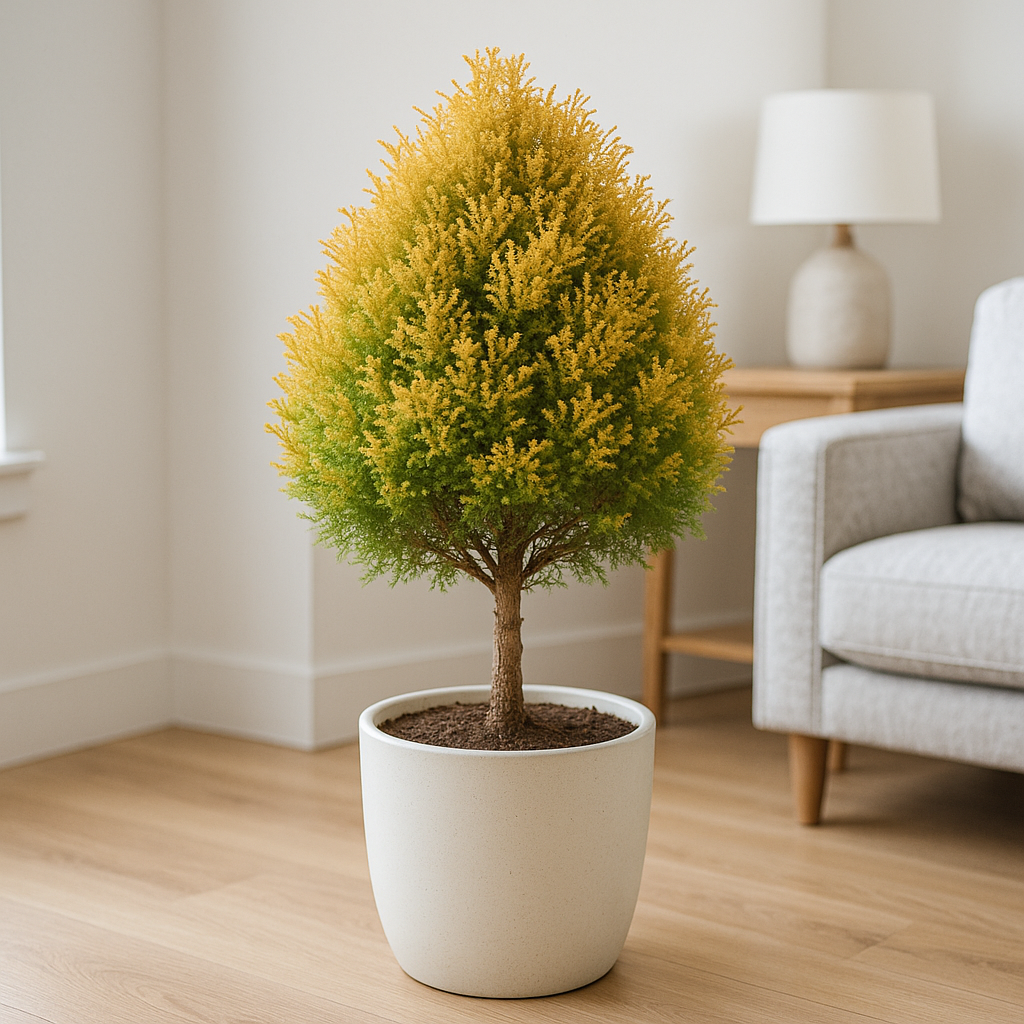라인골드 침엽수가 오프화이트 세라믹 화분에 심겨 있으며, 황금빛에서 연두빛으로 자연스럽게 색이 퍼지는 가지가 따뜻한 실내 공간에 배치