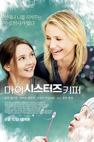 마이 시스터즈 키퍼-엄마와 애나가 웃고 있음-우측 하단에 언니 케이트가 환자모자를 쓰고 비누방울을 불고 있는 모습