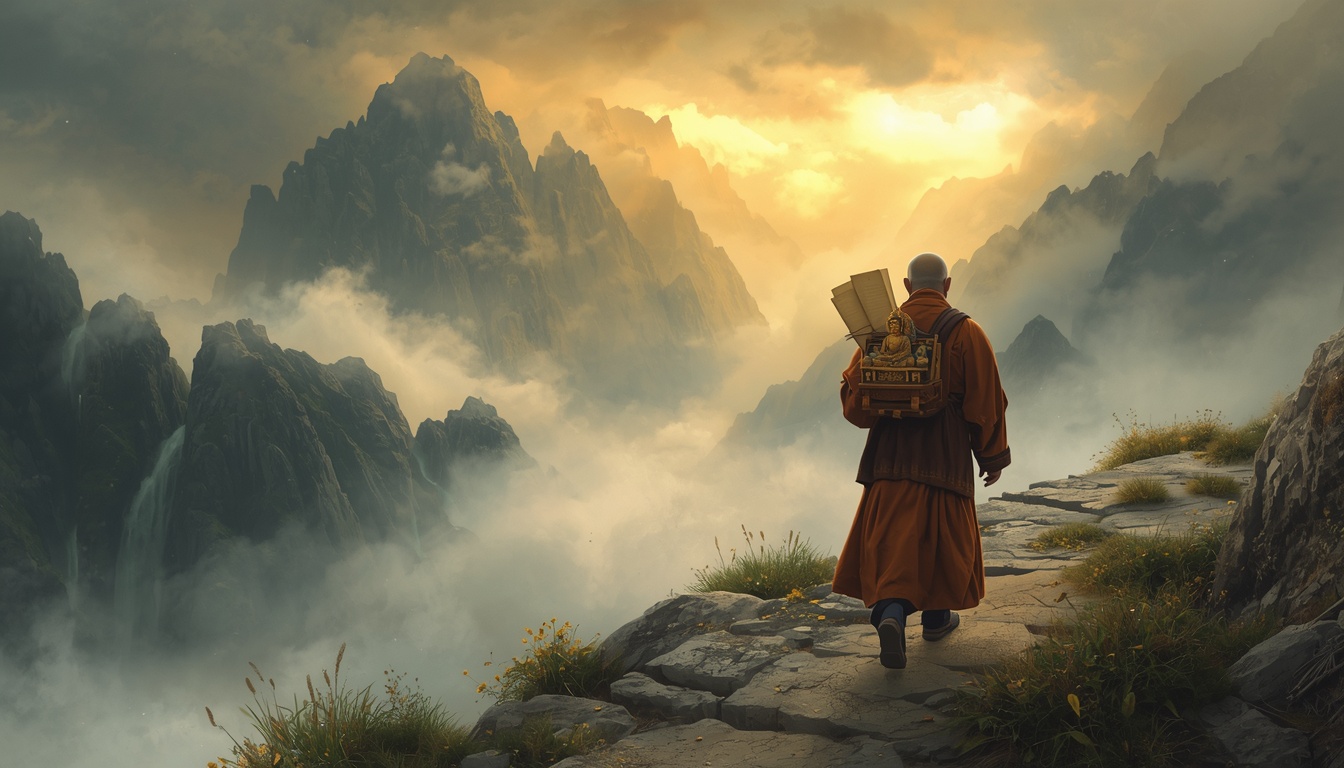 A peaceful and mysterious illustration of an ancient monk walking toward Goguryeo over rugged mountain paths, carrying Buddhist scriptures and statues on his back.
