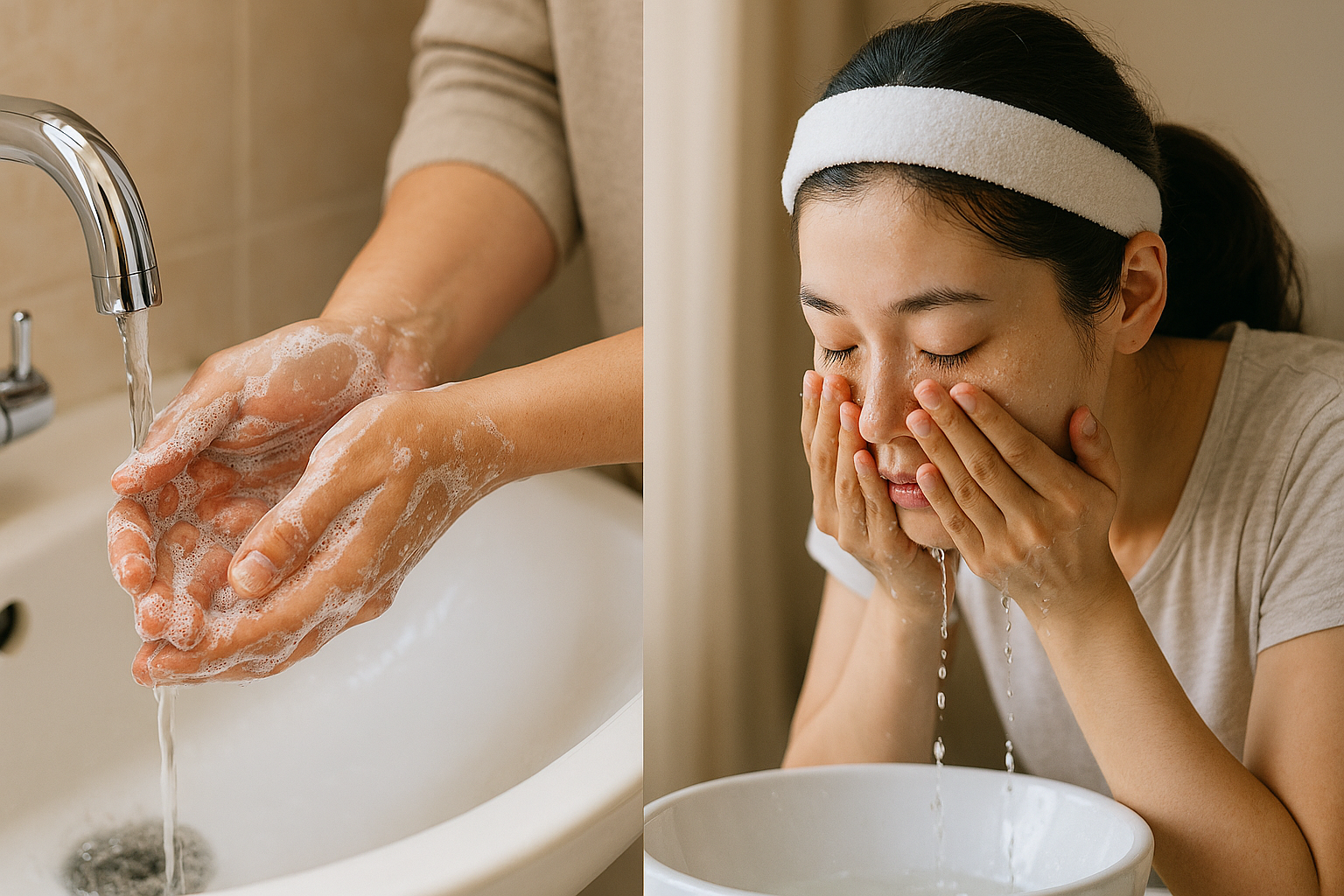 손 씻기와 세안 장면 이미지