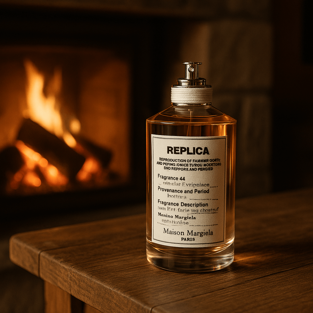 벽난로 옆 나무 테이블 위에 놓인 메종 마르지엘라 REPLICA 바이 더 파이어플레이스 향수 병, 장작불의 따뜻한 불빛과 어우러진 겨울 감성 제품 이미지