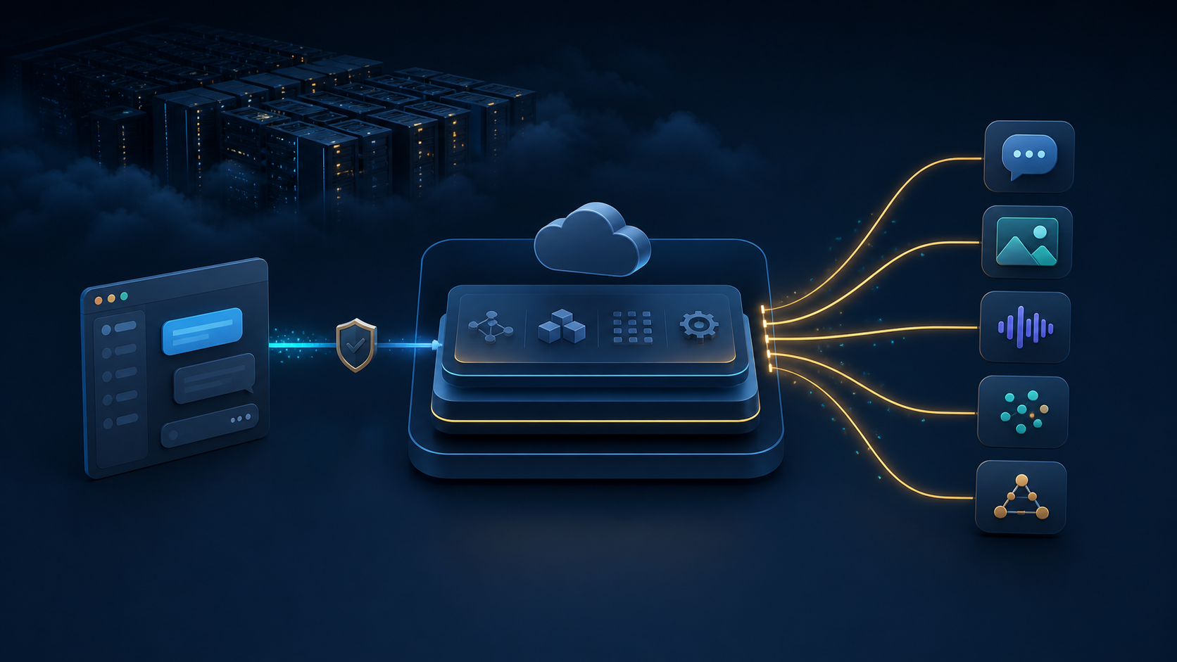 애플리케이션이 GPU 서버를 직접 관리하지 않고 관리형 계층을 거쳐 여러 AI 기능을 사용하는 모습