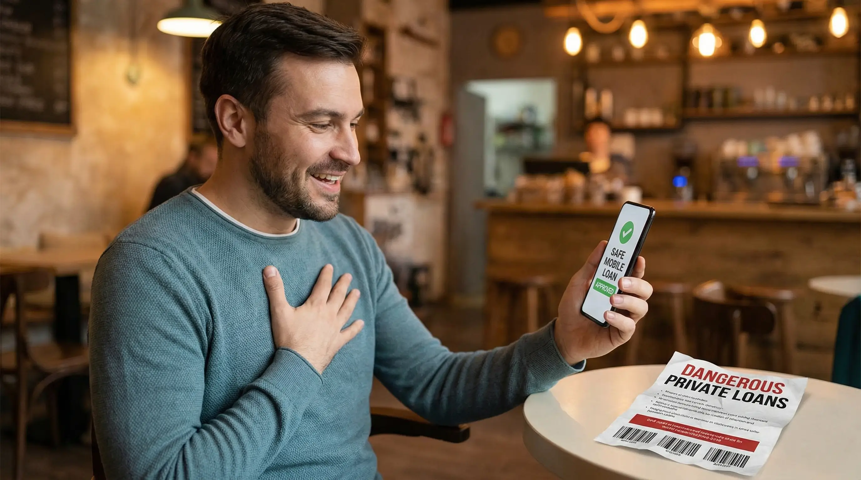 급하게 돈이 필요한 상황에서 위험한 사채 대신 안전한 모바일 대출을 발견하고 안도하는 모습