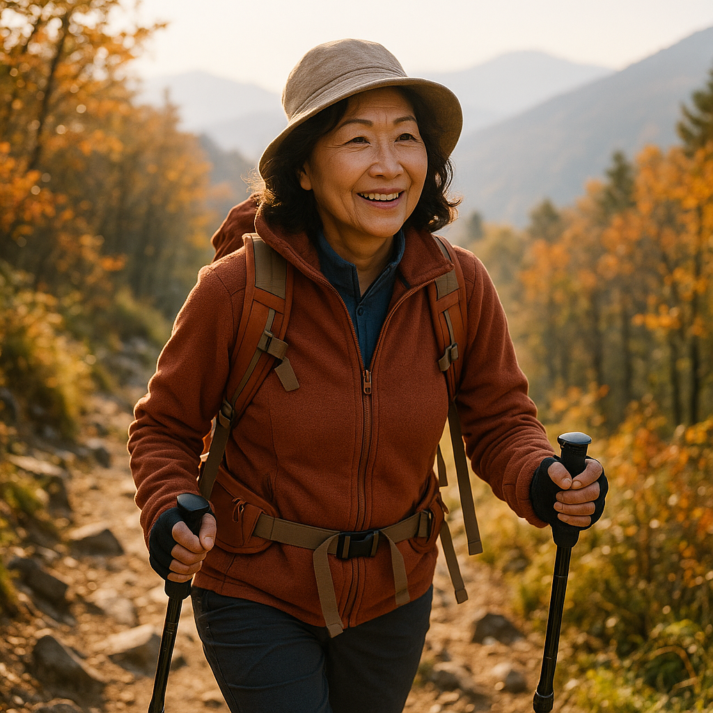 중년여성이 가을산을 등산한다