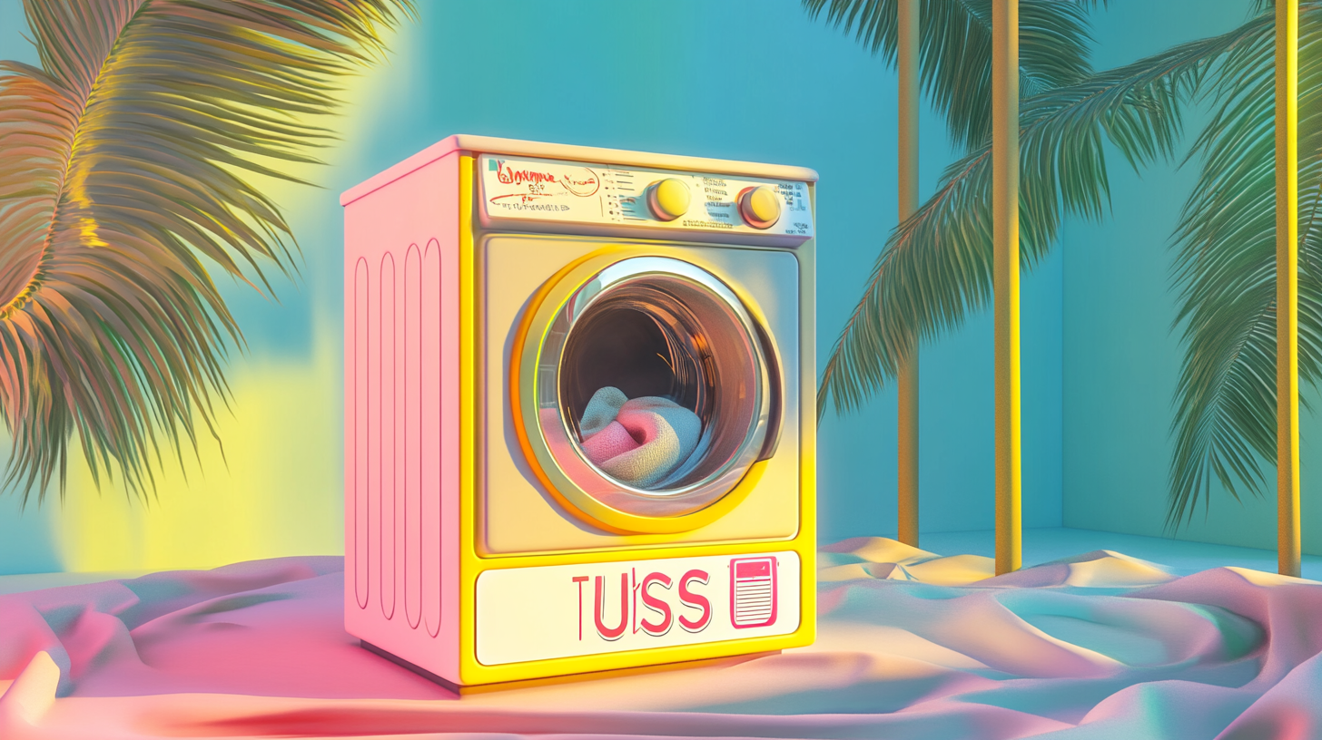 아기 전용으로 디자인된 작고 재미있는 스타일의 세탁기, 생동감 넘치는 색상과 발랄한 디자인의 모습