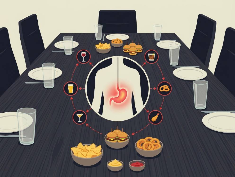 회식 테이블 위 술잔과 기름진 안주, 위 부위가 붉게 강조된 인포그래픽 스타일