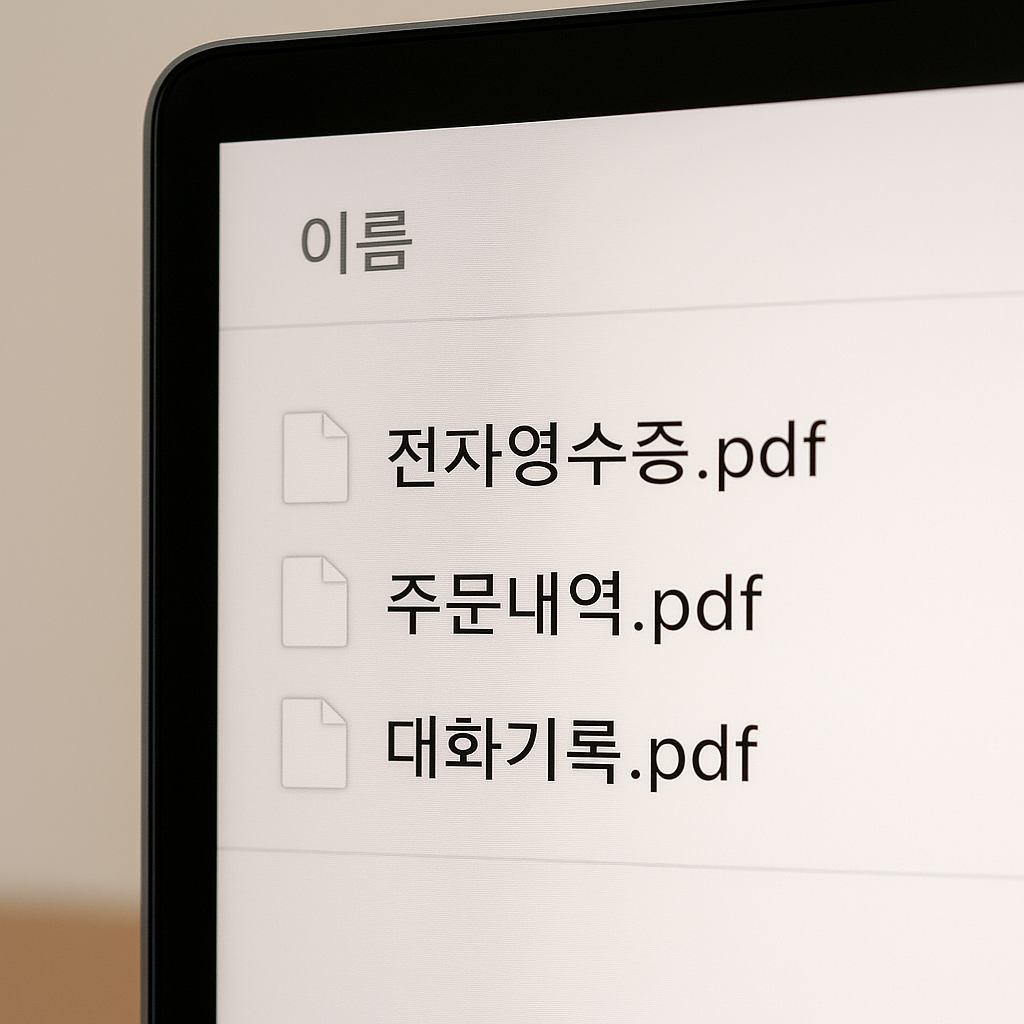 파일탐색기 화면에 ‘전자영수증.pdf, 주문내역.pdf, 대화기록.pdf’ 등 표준화된 파일명이 보이는 장면