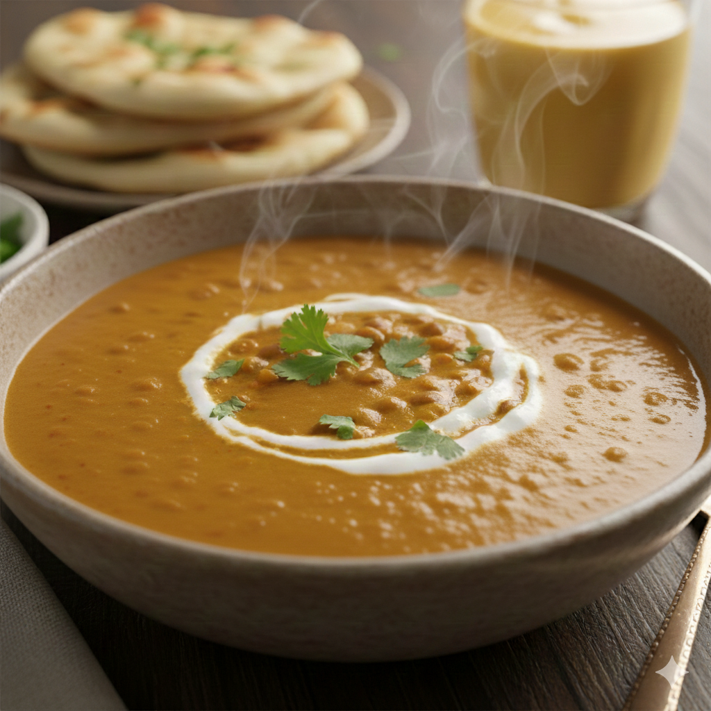 주황색 렌틸콩이 부드럽게 으깨질 정도로 푹 끓여낸 진하고 걸쭉한 렌틸콩 스프