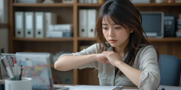 책상에서 팔근육 떨림 때문에 팔을 만지고 있는 모습