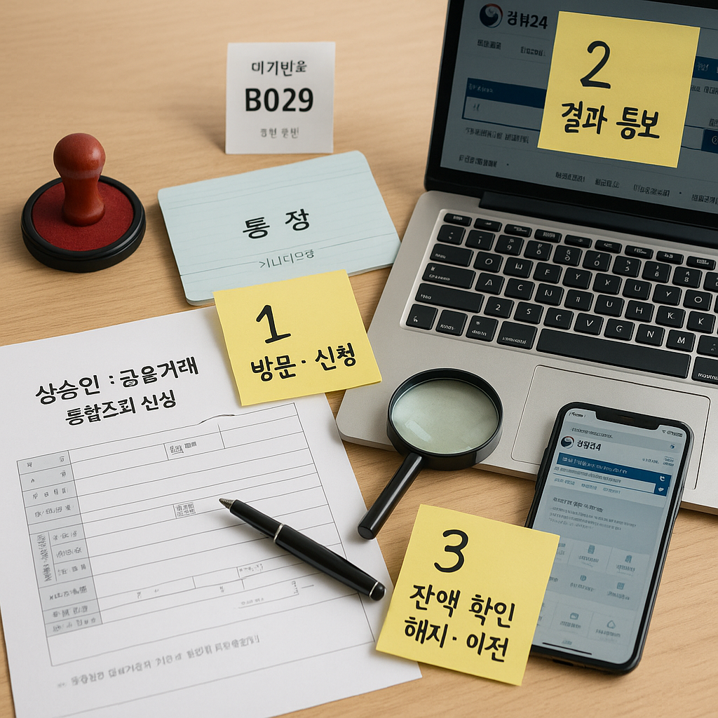 은행 창구에서 상속인 금융거래 일괄조회 절차를 준비하는 장면 — 방문·신청 → 결과 통보 → 잔액 확인·해지·이전 흐름을 상징적으로 보여줌