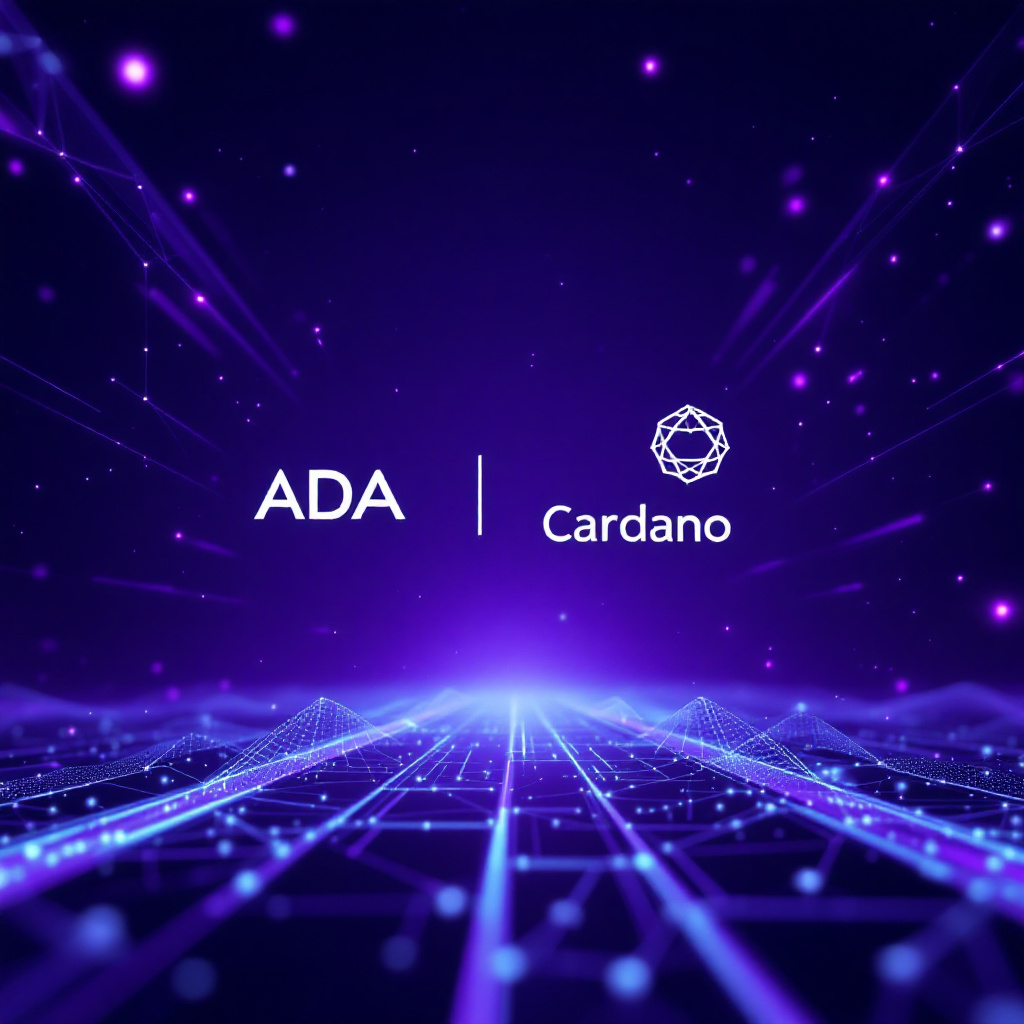 카르다노 ADA 로고와 디지털 블록체인 배경, 2025년 전망을 상징하는 보라색 미래 그래픽