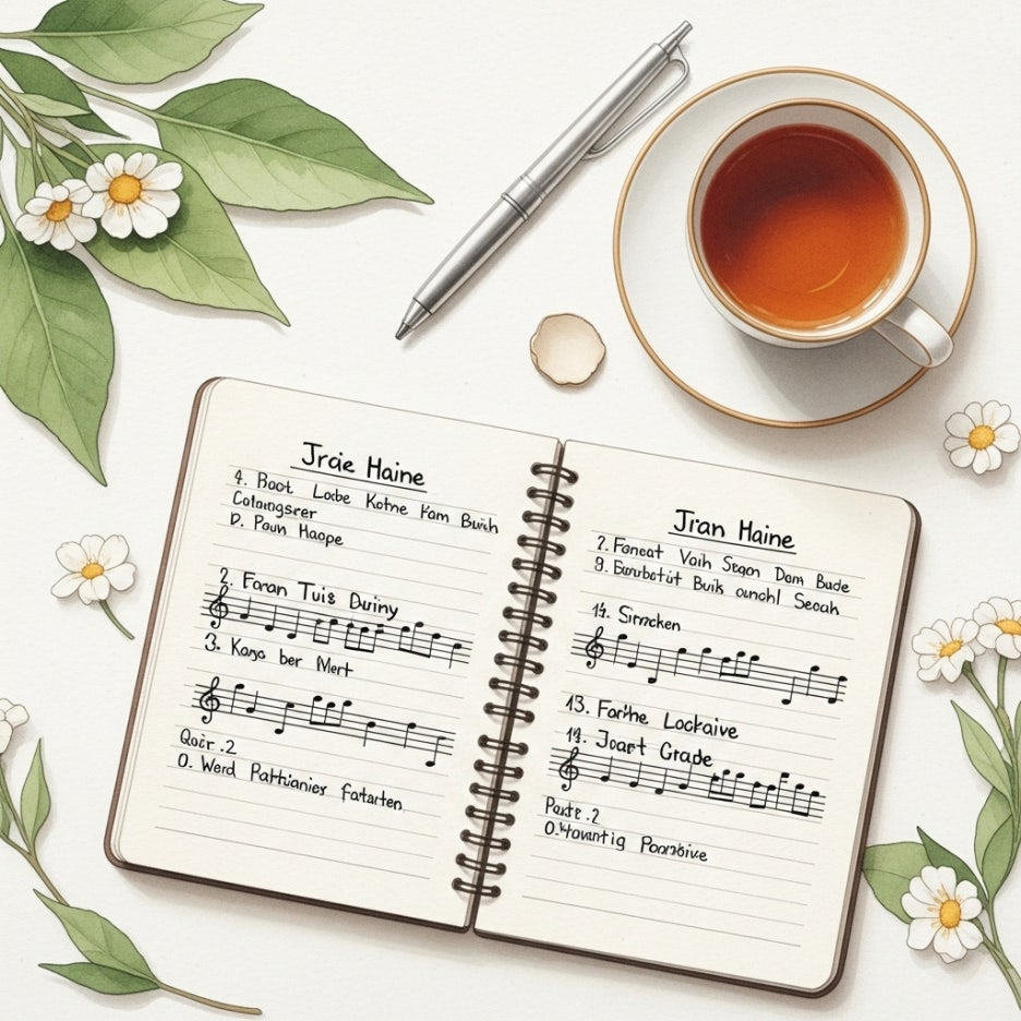 노래 제목이 적힌 노트와 따뜻한 차 한 잔