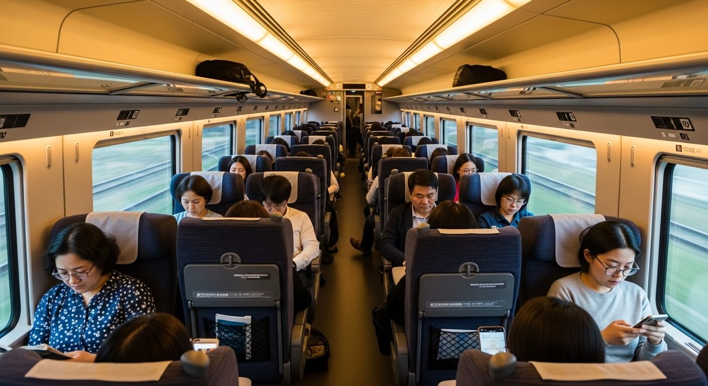 KTX 이코노미 객실 내부에서 휴대폰을 사용하는 승객들