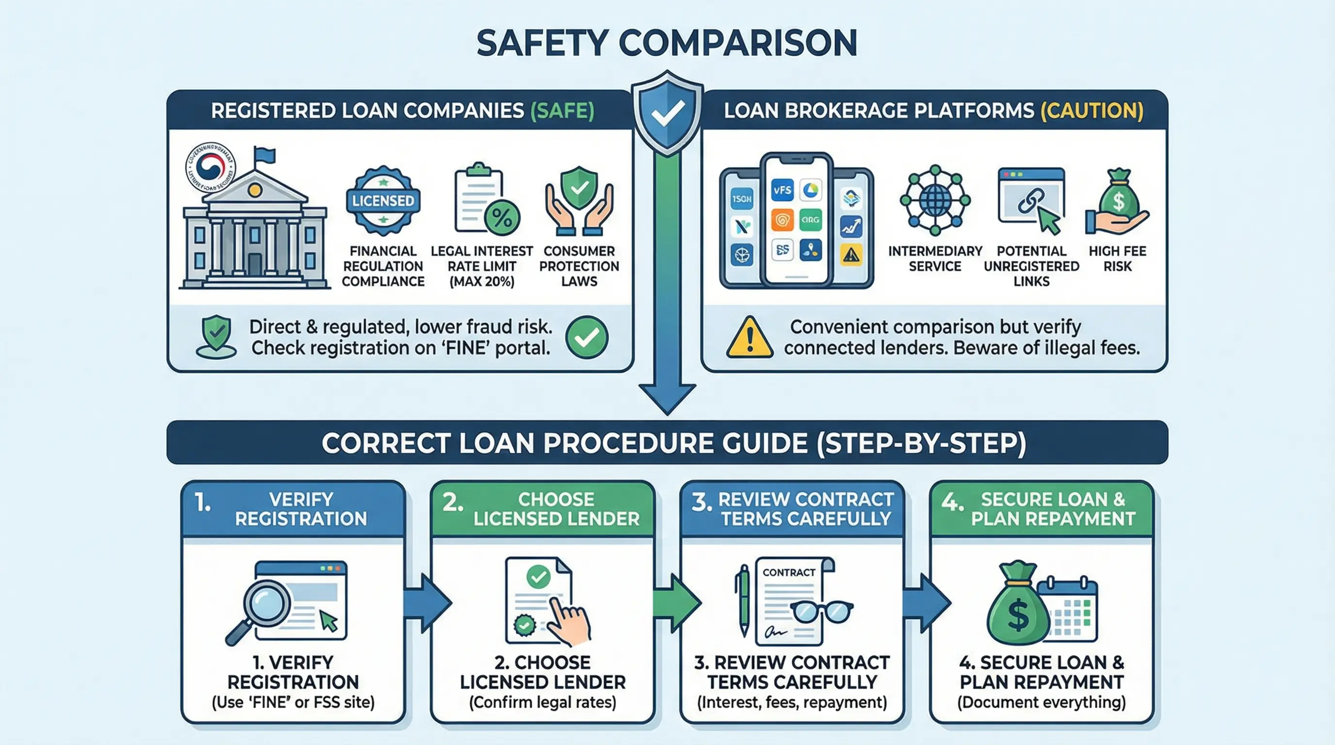 정식 등록 대부업체와 대부 중개 플랫폼의 안전성을 비교하고 올바른 대출 절차를 안내하는 인포그래픽