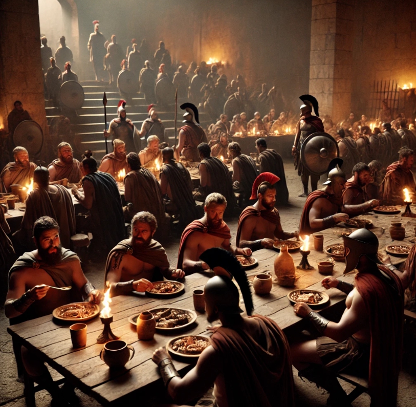 스파르타인 병사들이 단체로 밥을 먹고 있다