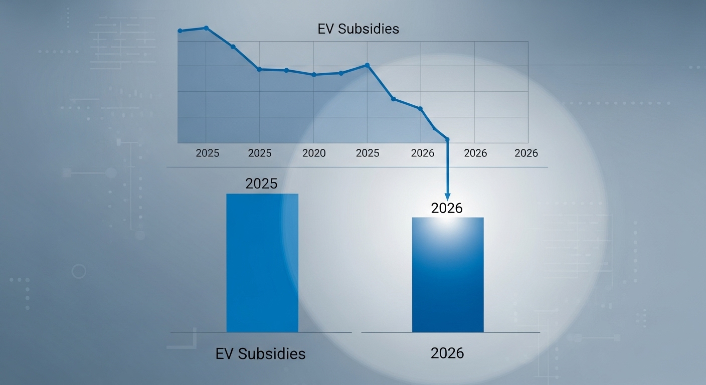 2025년 대비 2026년 전기차 보조금 예산이 대폭 감소하는 그래프와 차트.