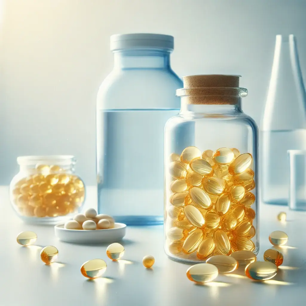 오메가3 제품 병과 골드 캡슐이 정리된 사진