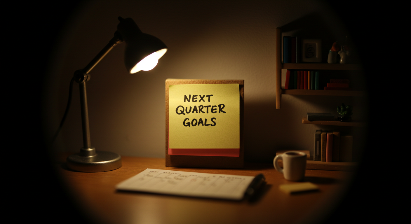미니어처 플래너와 포스트잇에 다음 분기 목표가 적힌, 따뜻한 스탠드 조명 아래의 틸트쉬프트 장면