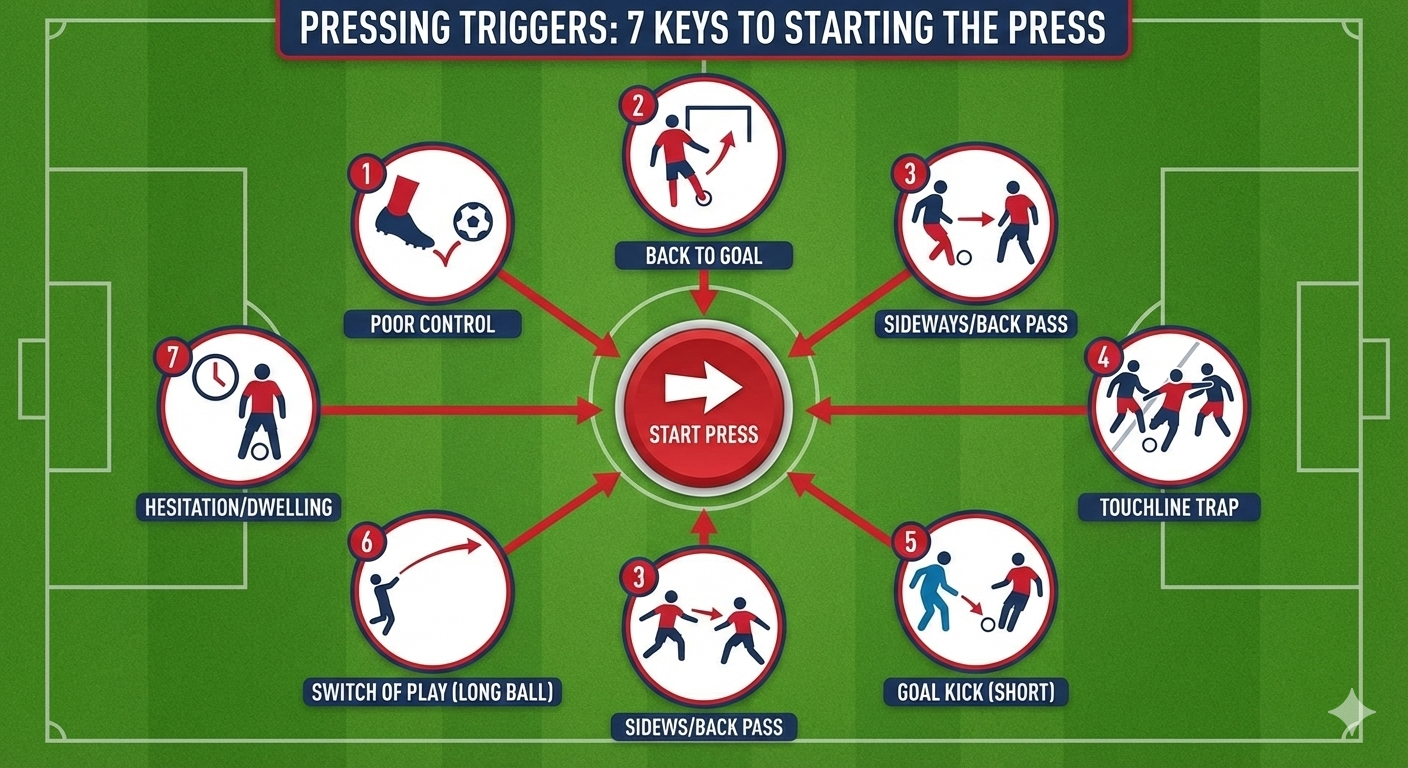 축구 전술 인포그래픽: 압박(프레싱)이 시작되는 7가지 핵심 트리거(나쁜 컨트롤, 등진 상황, 횡/백 패스, 터치라인 함정, 짧은 골킥, 긴 전환 패스, 주저함) 시각화
