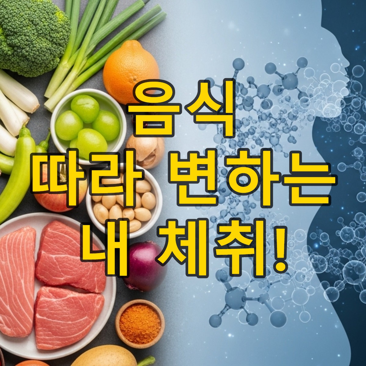 다양한 건강 식품들과 체취 분자들이 추상적으로 표현된 이미지. 음식과 인간의 몸 냄새 사이의 복잡한 관계를 보여줍니다.