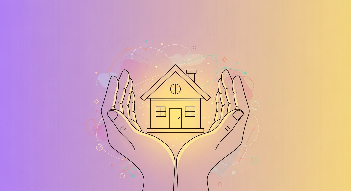 두 손이 작은 집을 감싸 안고 있는 모습, 도시가스 경감 제도를 통한 사회적 보호와 따뜻함을 상징.