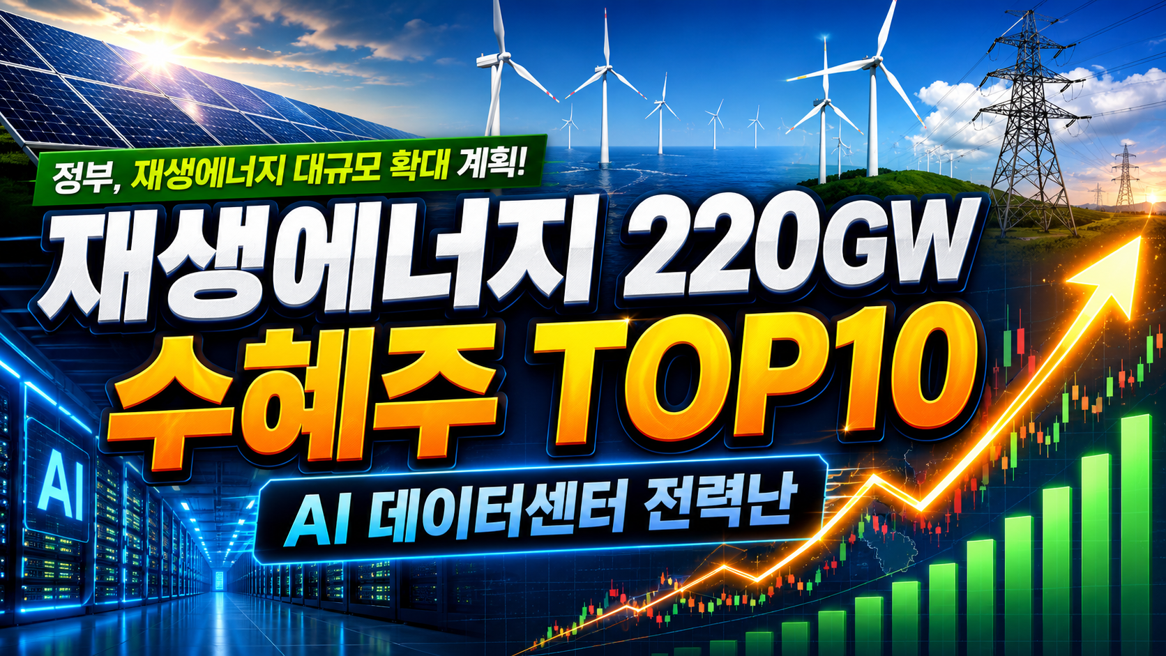 재생에너지 확대와 AI 데이터센터 전력 수요 증가에 따른 태양광 풍력 전력망 ESS 원전 수혜주 이미지
