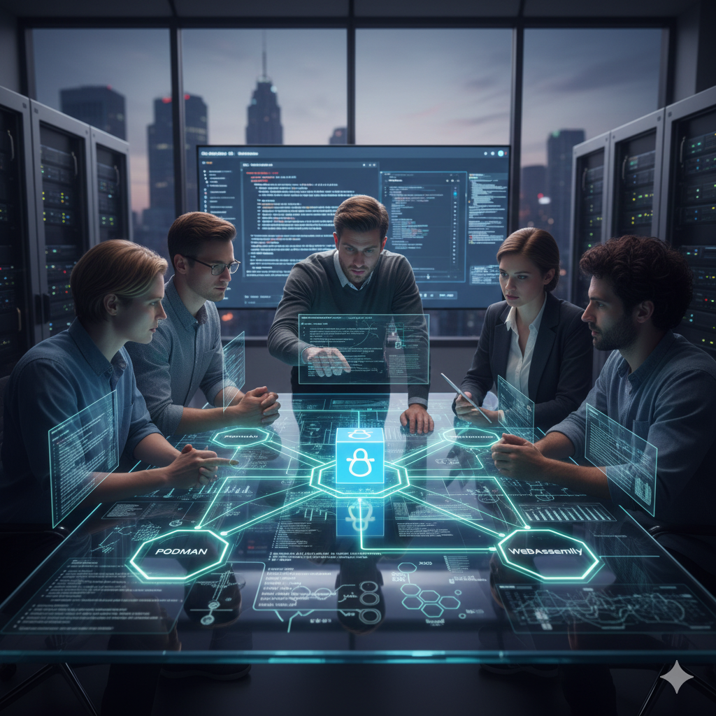 팀원들이 첨단 서버실에서 홀로그램 테이블 위에 Podman, WebAssembly 등의 클라우드 네이티브 기술 연결 다이어그램을 보며 활발히 토론하는 미래적인 장면