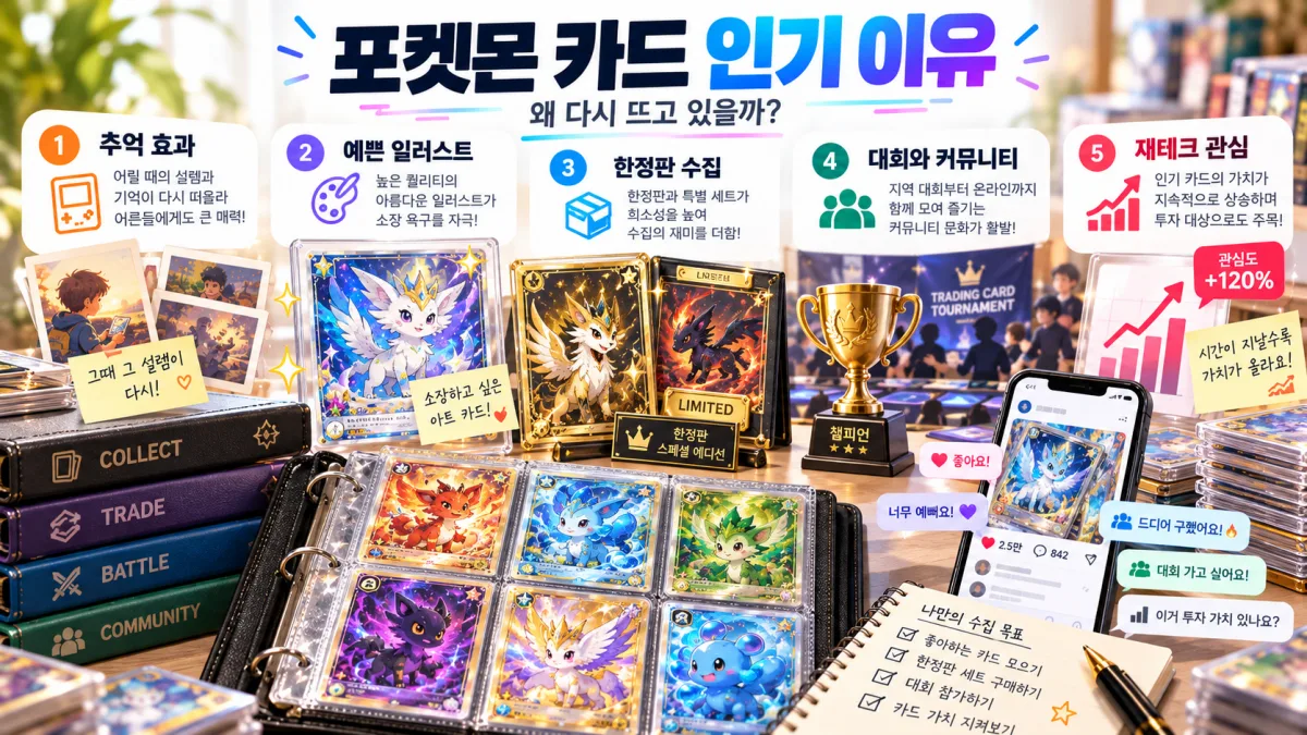 포켓몬 카드 수집 열풍의 배경과 인기 요인을 정리한 일러스트