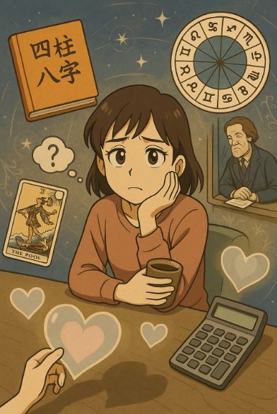 사주, 별자리, 타로 사이 고민하는 사람/ Person torn between fate tools