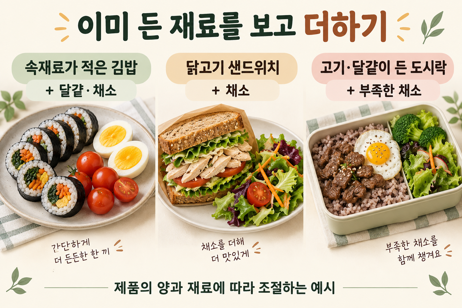 김밥·샌드위치·도시락에 이미 든 재료를 보고 부족한 단백질 음식이나 채소를 더하는 예시.