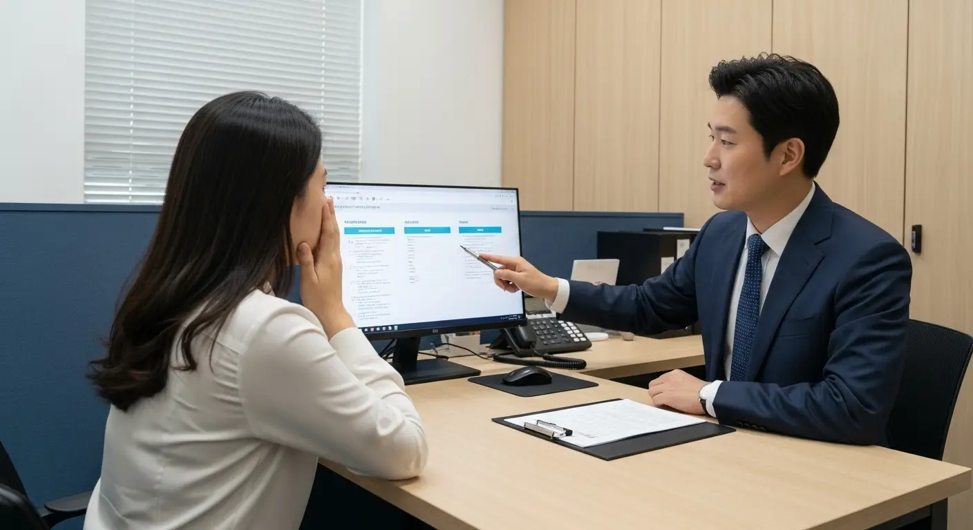 한 한국인 고객이 부결자를 위한 비공개 추가 심사 전문가와 11 상담을 받으며 새로운 희망을 찾는 모습