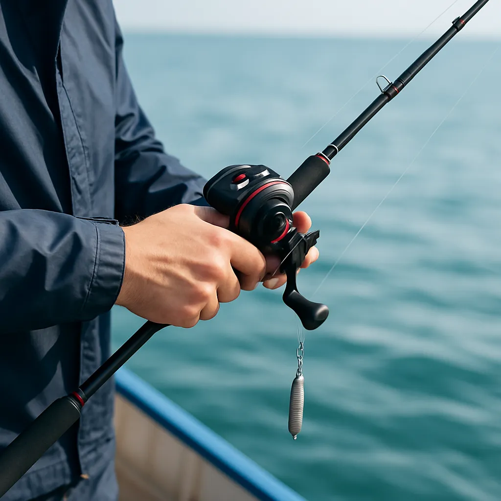 선상에서 다운샷 채비로 낚시 중인 낚시인의 손 클로즈업
