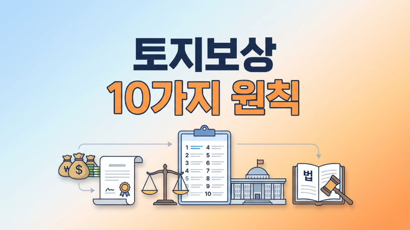 토지보상 손실보상 원칙 8가지와 불복절차 2가지를 설명하는 인포그래픽